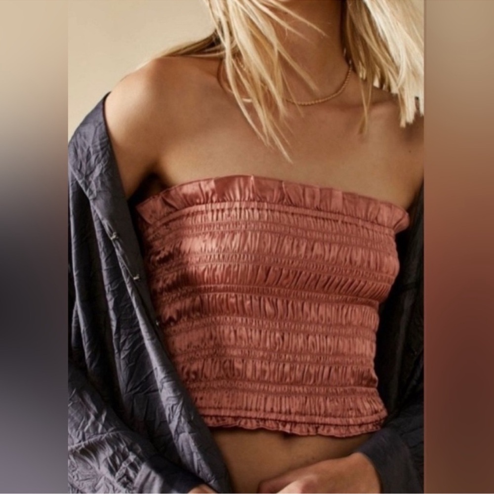 Free People Rust Pink Smocked Strapless Crop Top